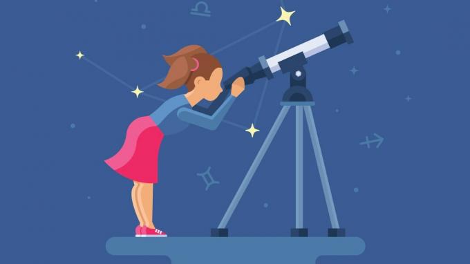 Teen s ADHD dívající se dalekohledem, zmocňující se natahovat hvězdy