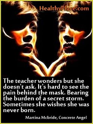 Nabídka deprese - učitelka se diví, ale neptá se, je těžké vidět bolest za masem. Nesou břemeno tajné bouře. někdy si přeje, aby se nikdy nenarodila.